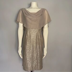 Jessica Howard Champagne Metallic Lace Sheath Dress 6 Capelet Wedding Gala Luxe